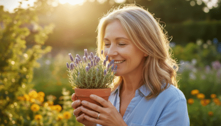 Femme souriante tenant un géranium odorant dans son jardin