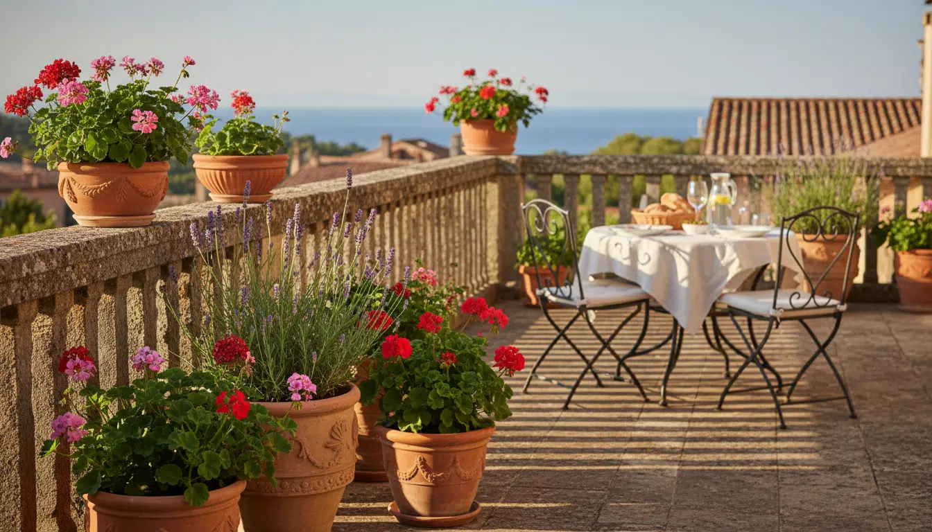 Pots de géranium odorant et lavande sur une terrasse ensoleillée