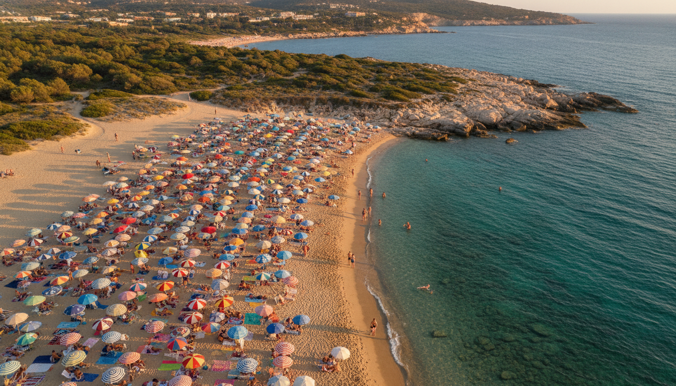 Contraste entre plage bondée de parasols et crique vide en Sardaigne