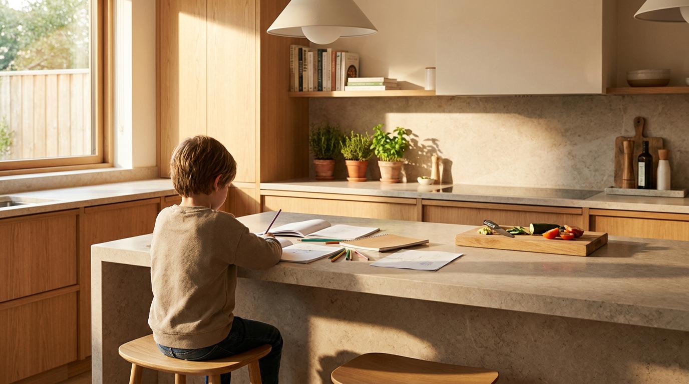 Îlot de cuisine utilisé comme bureau avec cahiers et légumes sur la surface
