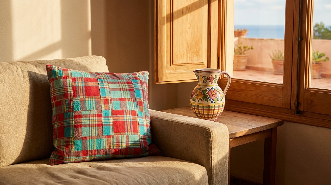 Coussin madras coloré posé sur un canapé en lin