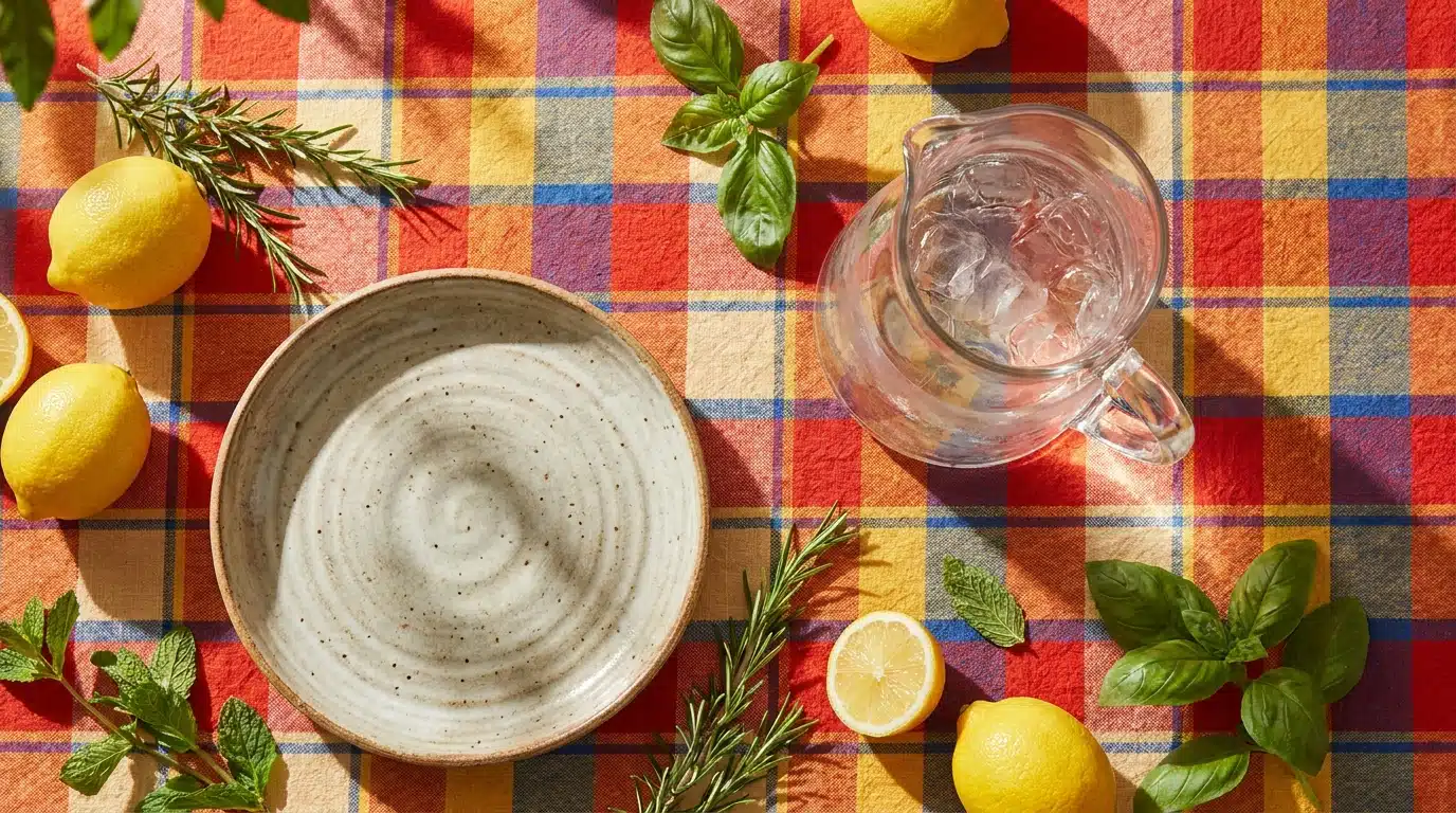 Table d'été dressée sur une nappe madras à carreaux vifs