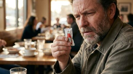 Personne perplexe tenant un sachet de ketchup au restaurant