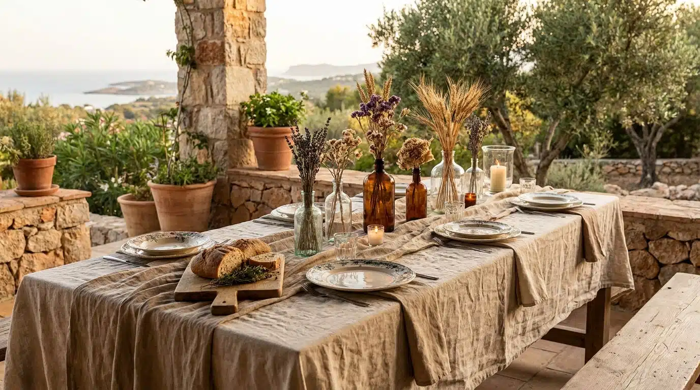 Table estivale bohème dressée avec nappe en lin et vaisselle ancienne