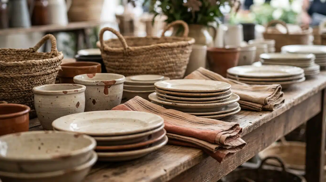 Vaisselle chinée et paniers en osier sur étal de brocante