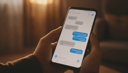 Mains tenant un Samsung Galaxy affichant des messages RCS