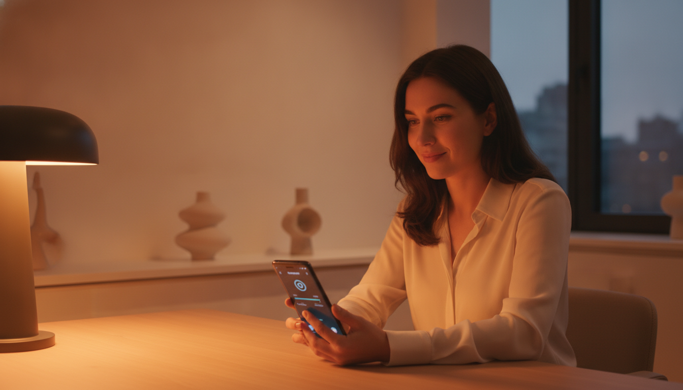 Femme vérifiant une mise à jour sur son téléphone Samsung