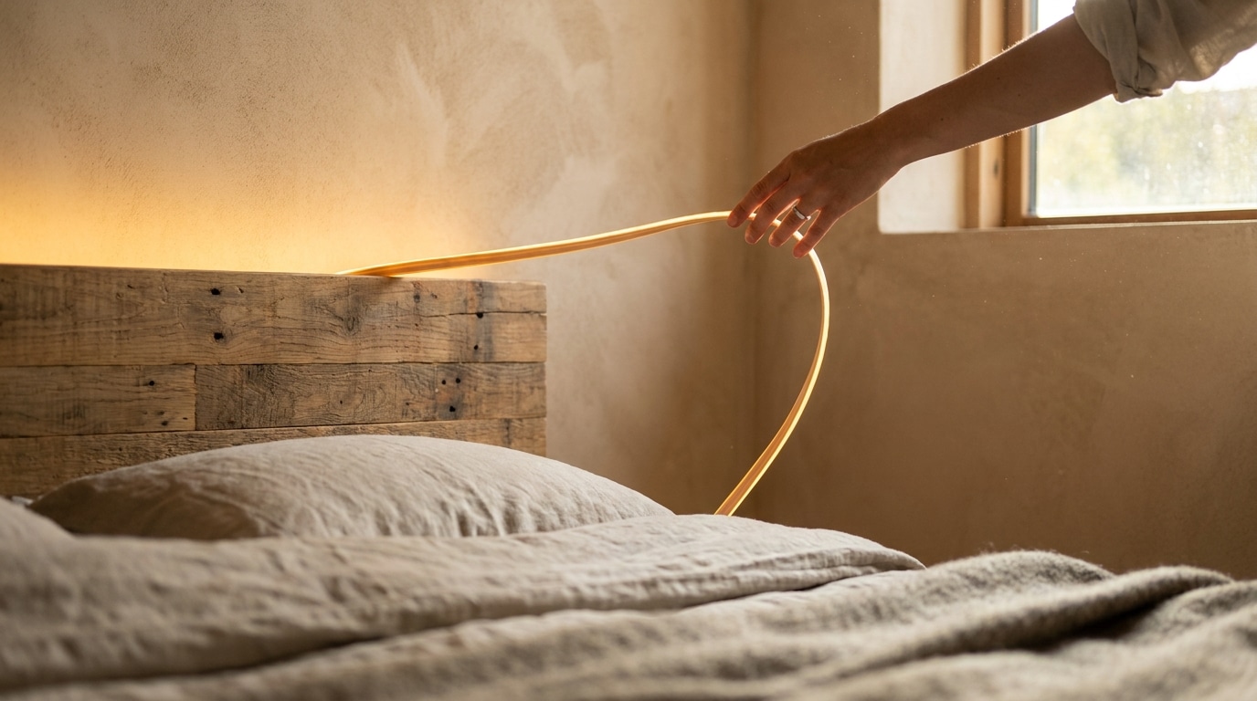 Main ajustant un ruban LED derrière une tête de lit en bois