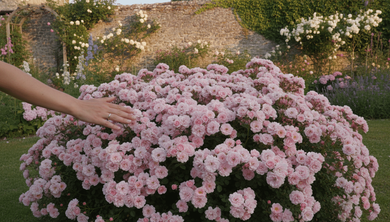Rosier The Fairy en pleine floraison rose dans un jardin