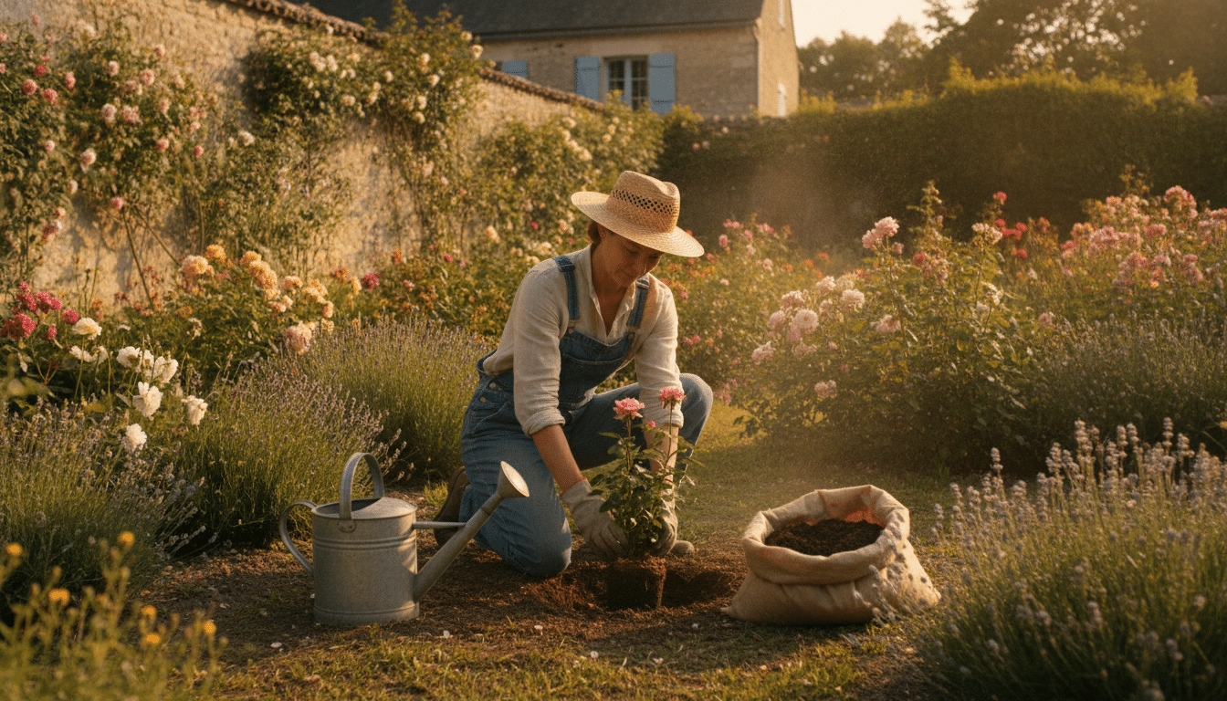 Plantation d'un rosier en conteneur dans un jardin en juin