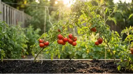 Plant de tomates grimpant le long d'une ficelle suspendue au jardin