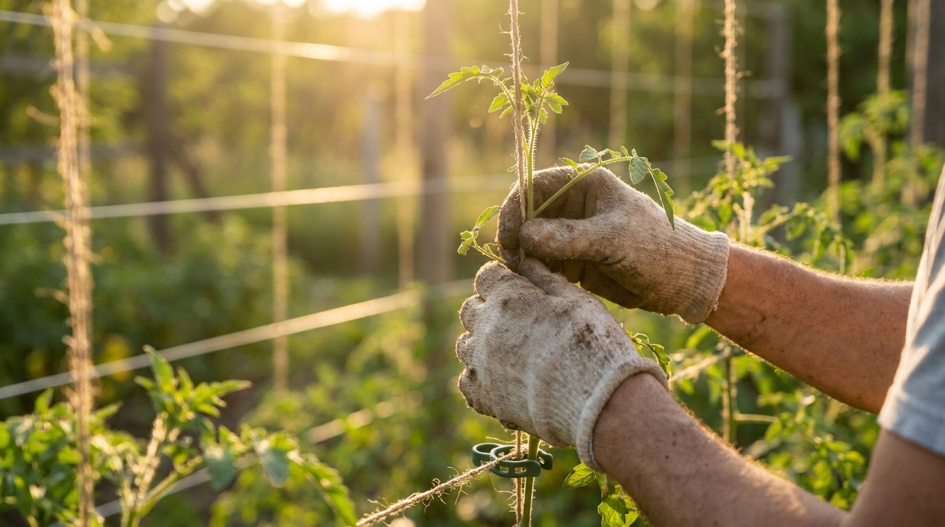 Mains guidant une tige de tomate autour d'une corde en chanvre