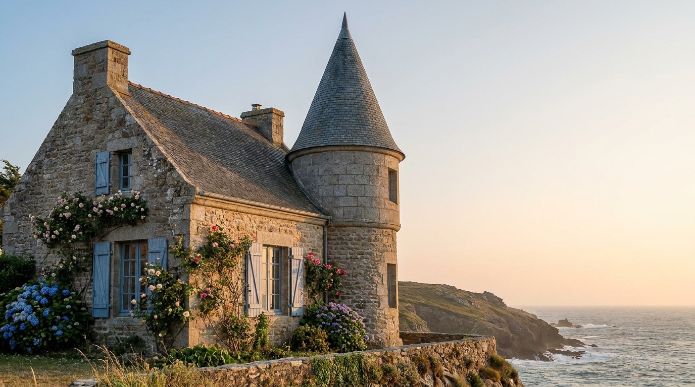 Maison bretonne en pierre avec tourelle face à la mer