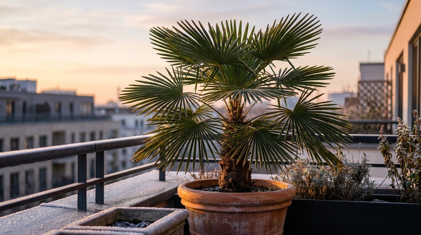 Palmier chanvre en pot sur un balcon urbain au soleil couchant