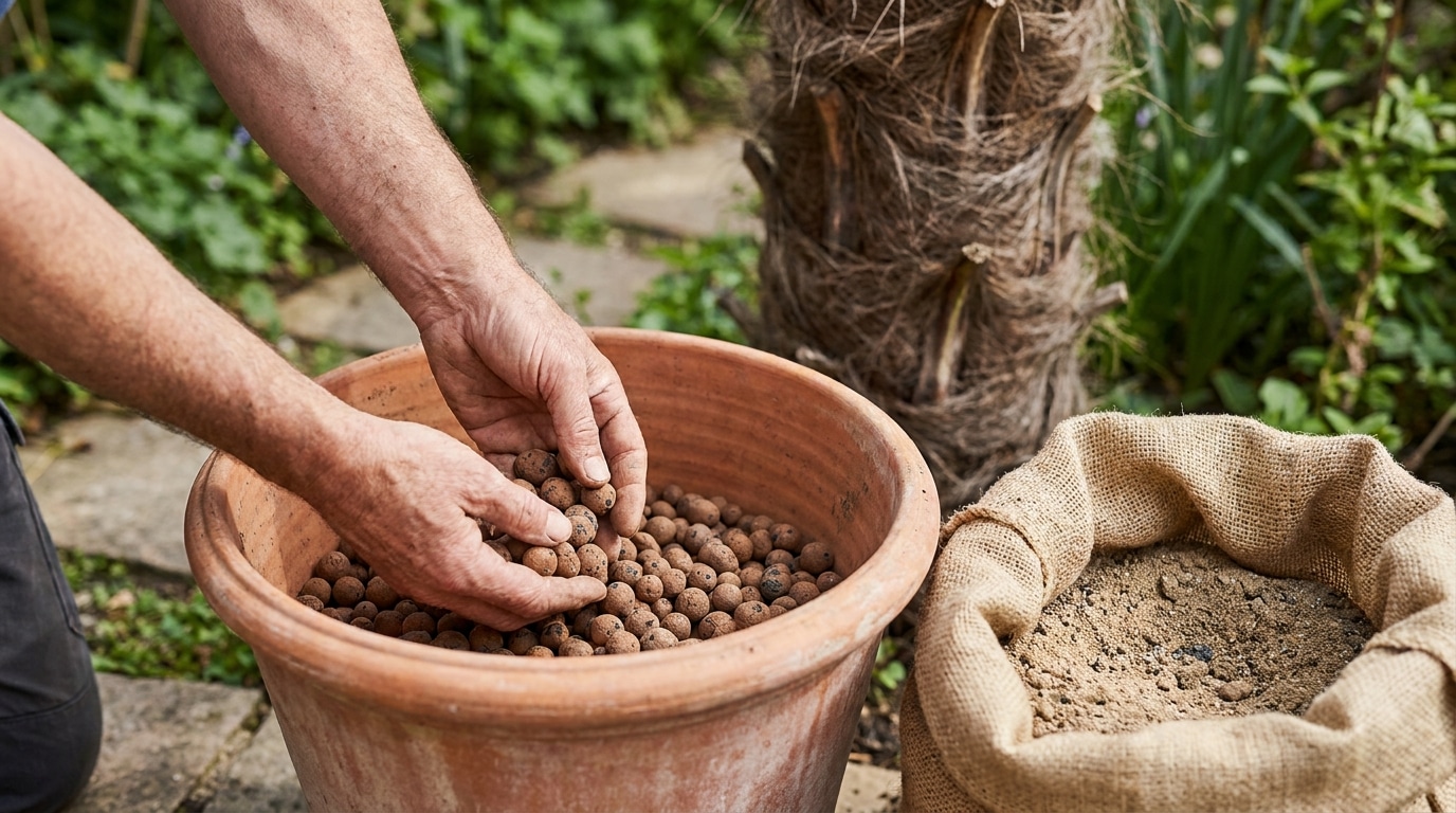 Mains disposant des billes d'argile dans un pot de plantation