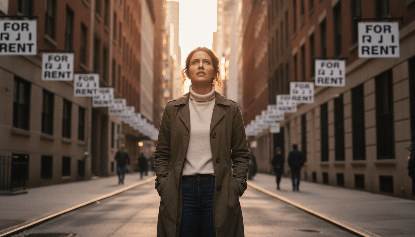 Jeune femme devant des immeubles new-yorkais avec panneaux de location