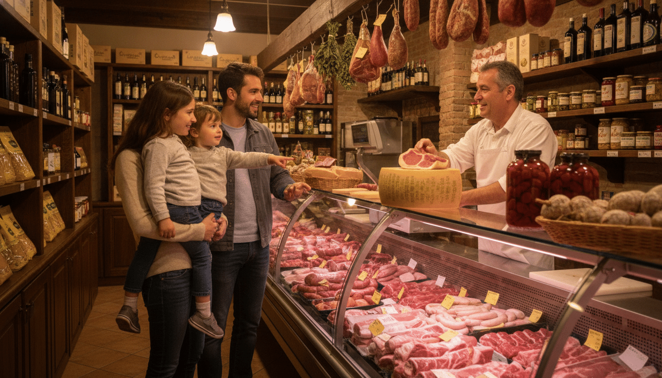 Famille faisant ses courses dans une boucherie de village italien