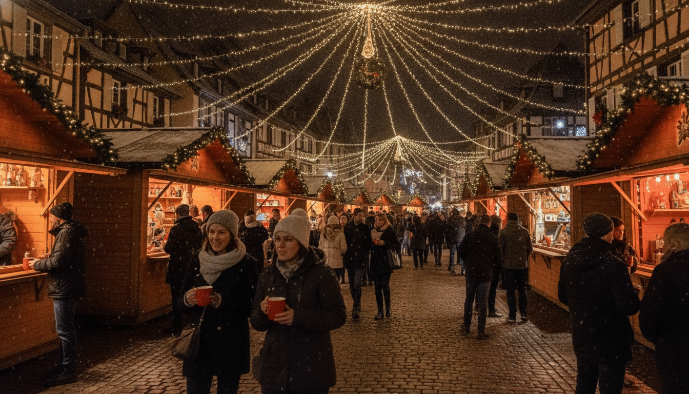Marché de Noël illuminé dans les rues de Colmar