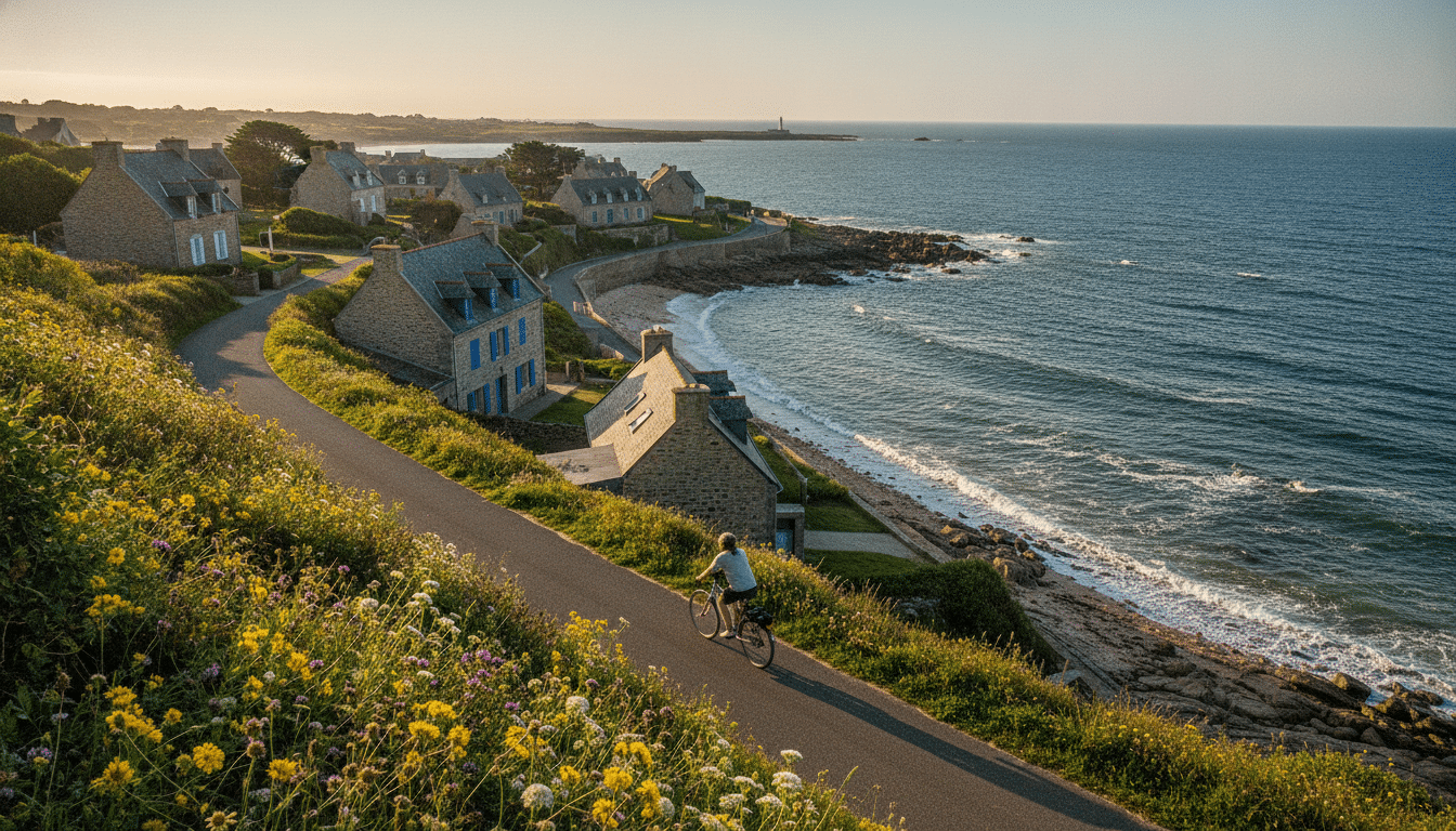 Sentier côtier breton avec cycliste et vue sur l'océan