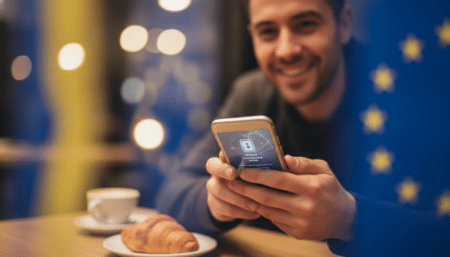 Utilisateur européen effectuant un paiement mobile sur smartphone