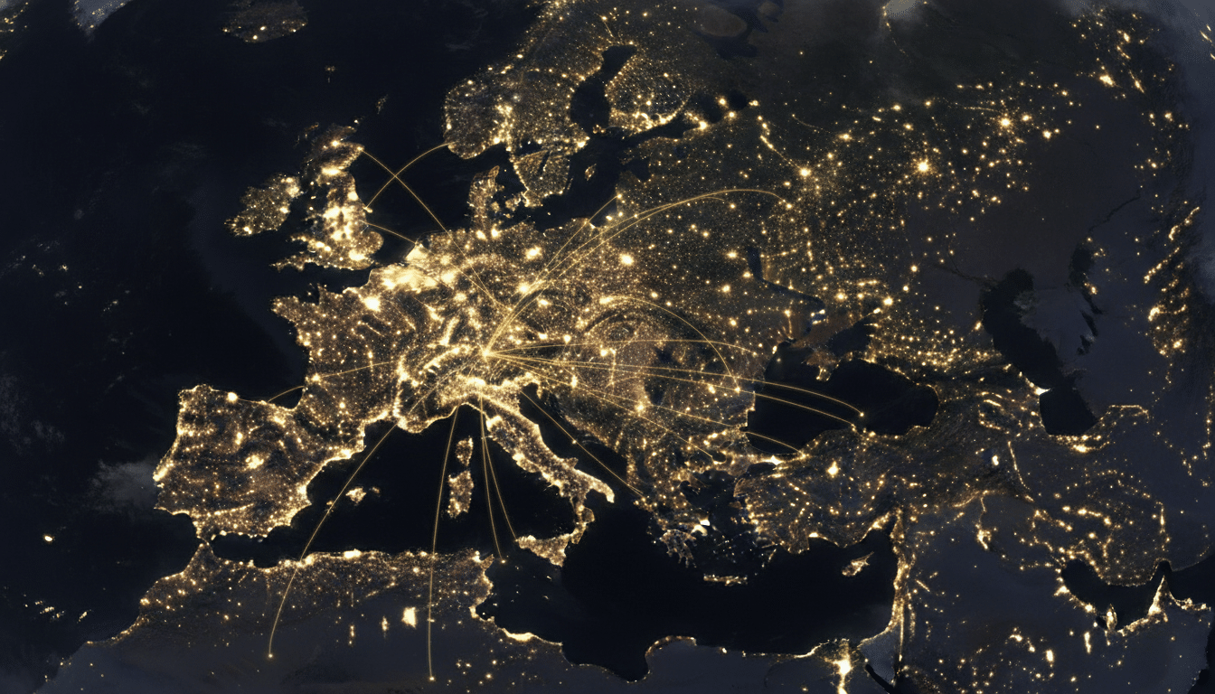 Carte de l'Europe avec connexions lumineuses entre grandes villes