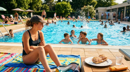 Adolescent attendant au bord de la piscine après le repas
