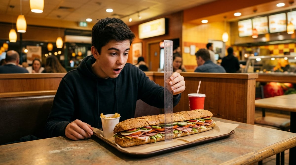 Adolescent mesurant un sandwich Subway avec une règle