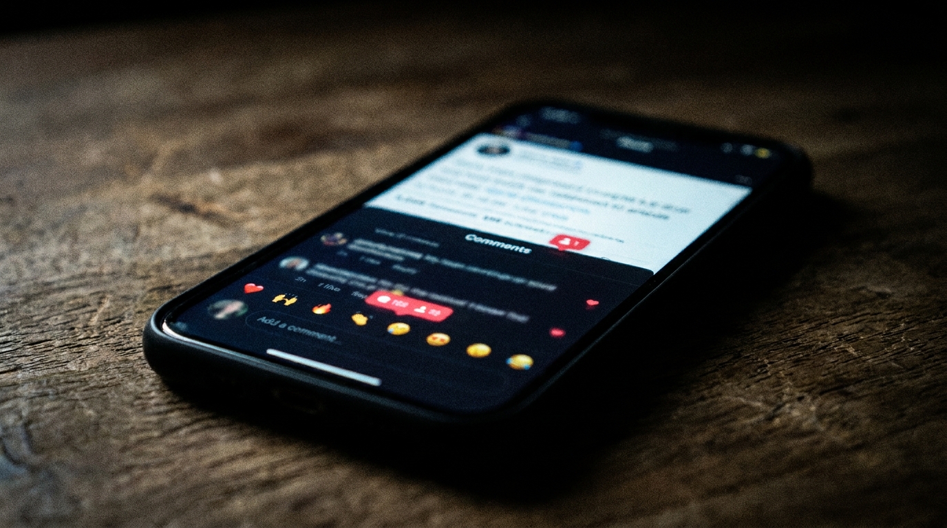 Écran de smartphone montrant des commentaires Instagram floutés symbolisant le raid haineux