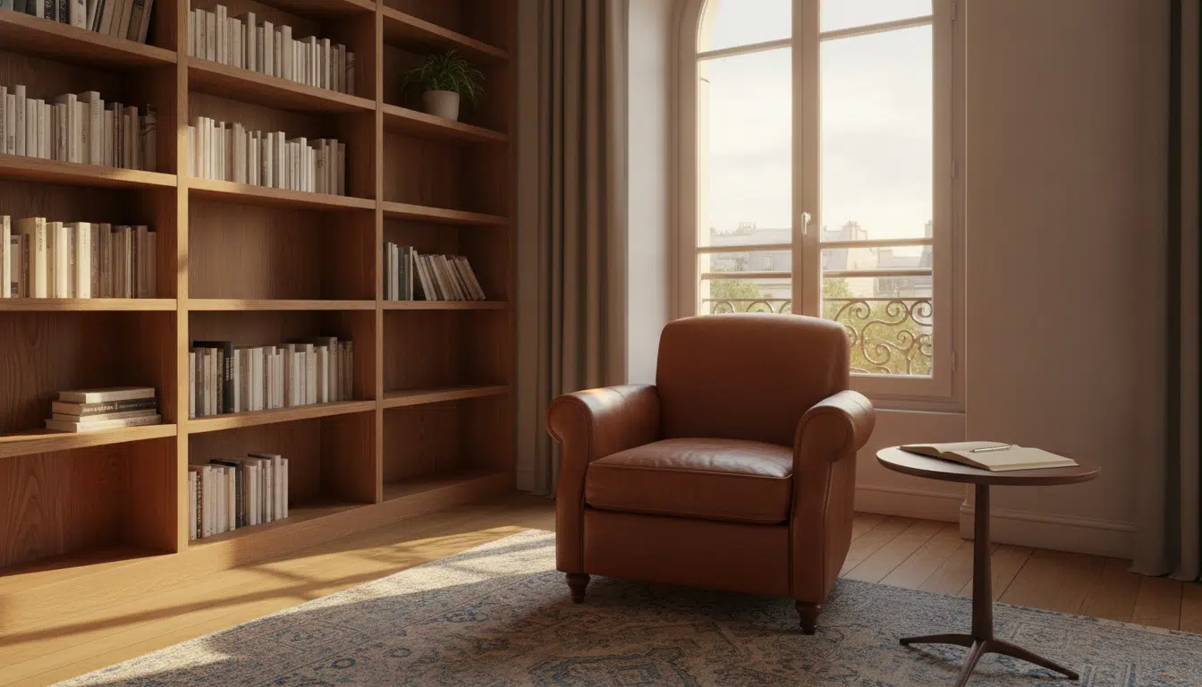 Bureau de thérapeute vide avec fauteuil et lumière dorée