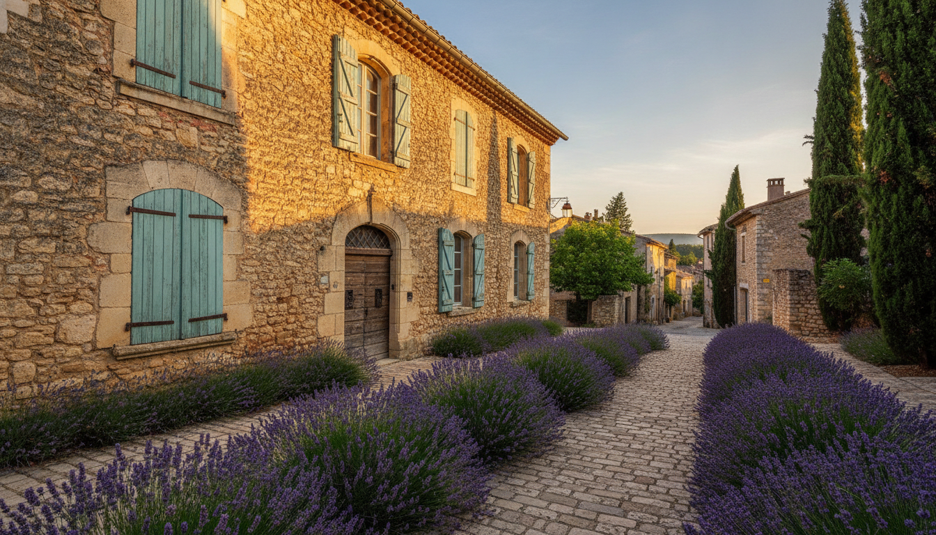 Maison provençale aux volets fermés dans le Vaucluse, buissons de lavande à l'entrée, lumière dorée