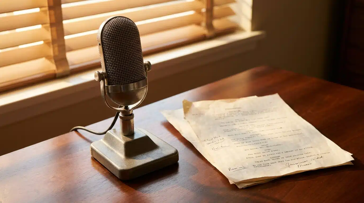 Microphone radio sur un bureau en bois avec feuilles froissées