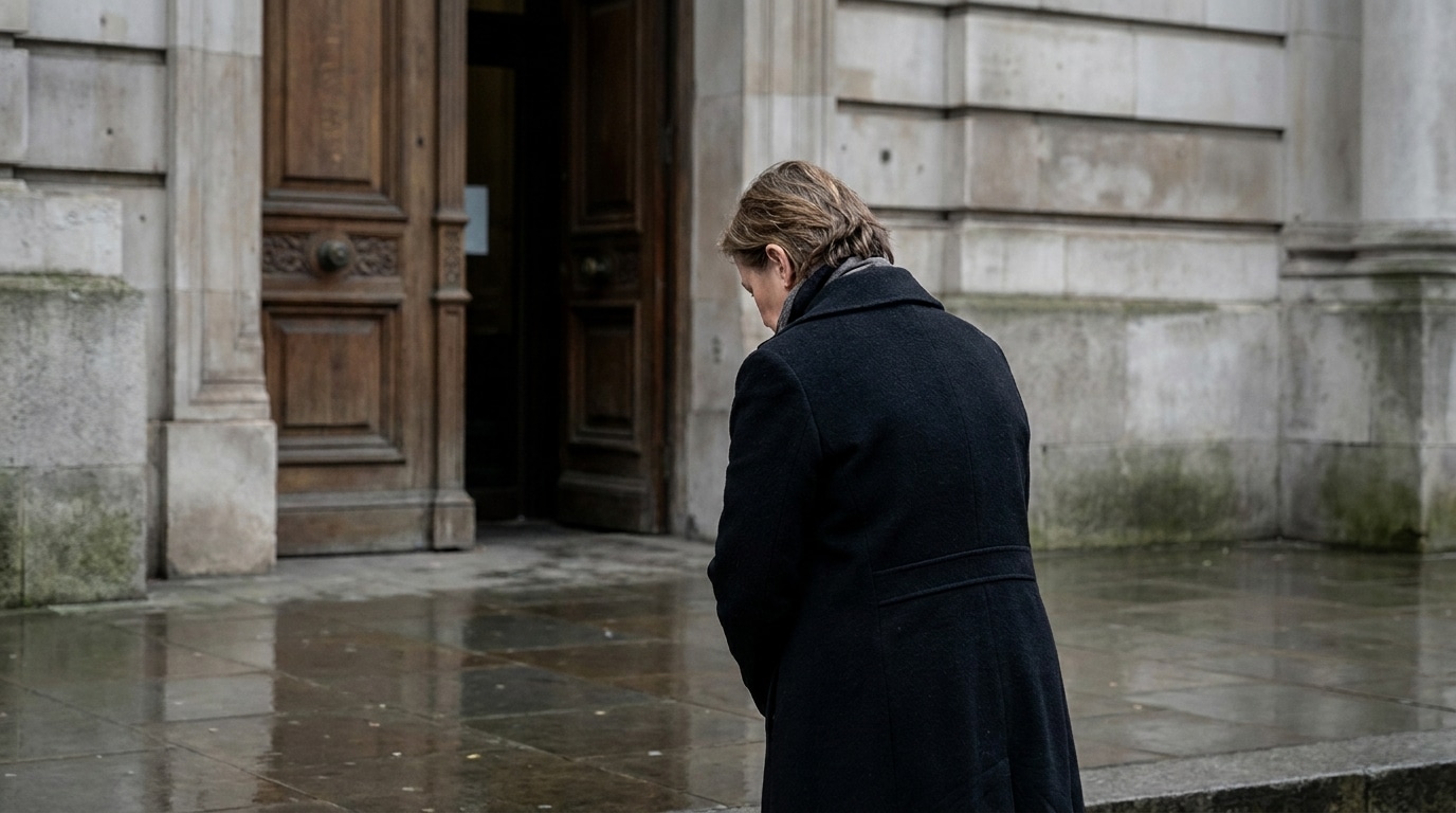 Femme de dos devant l'entrée d'un palais de justice