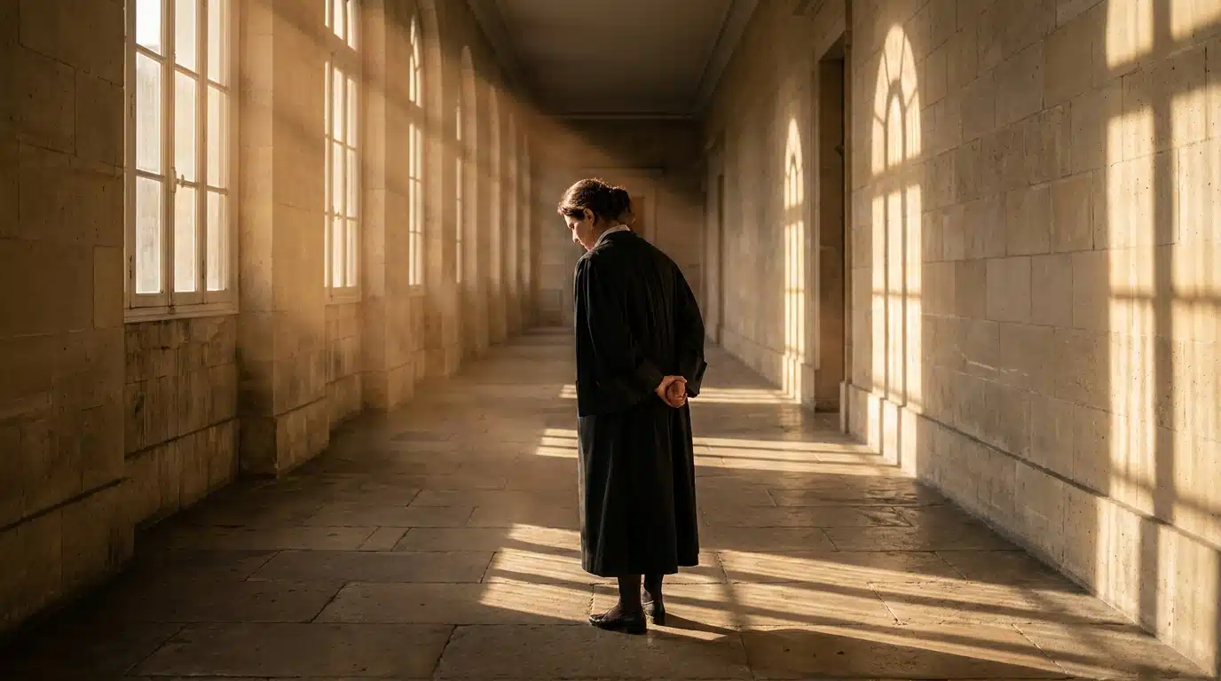 Silhouette d'une magistrate seule dans un couloir de palais de justice