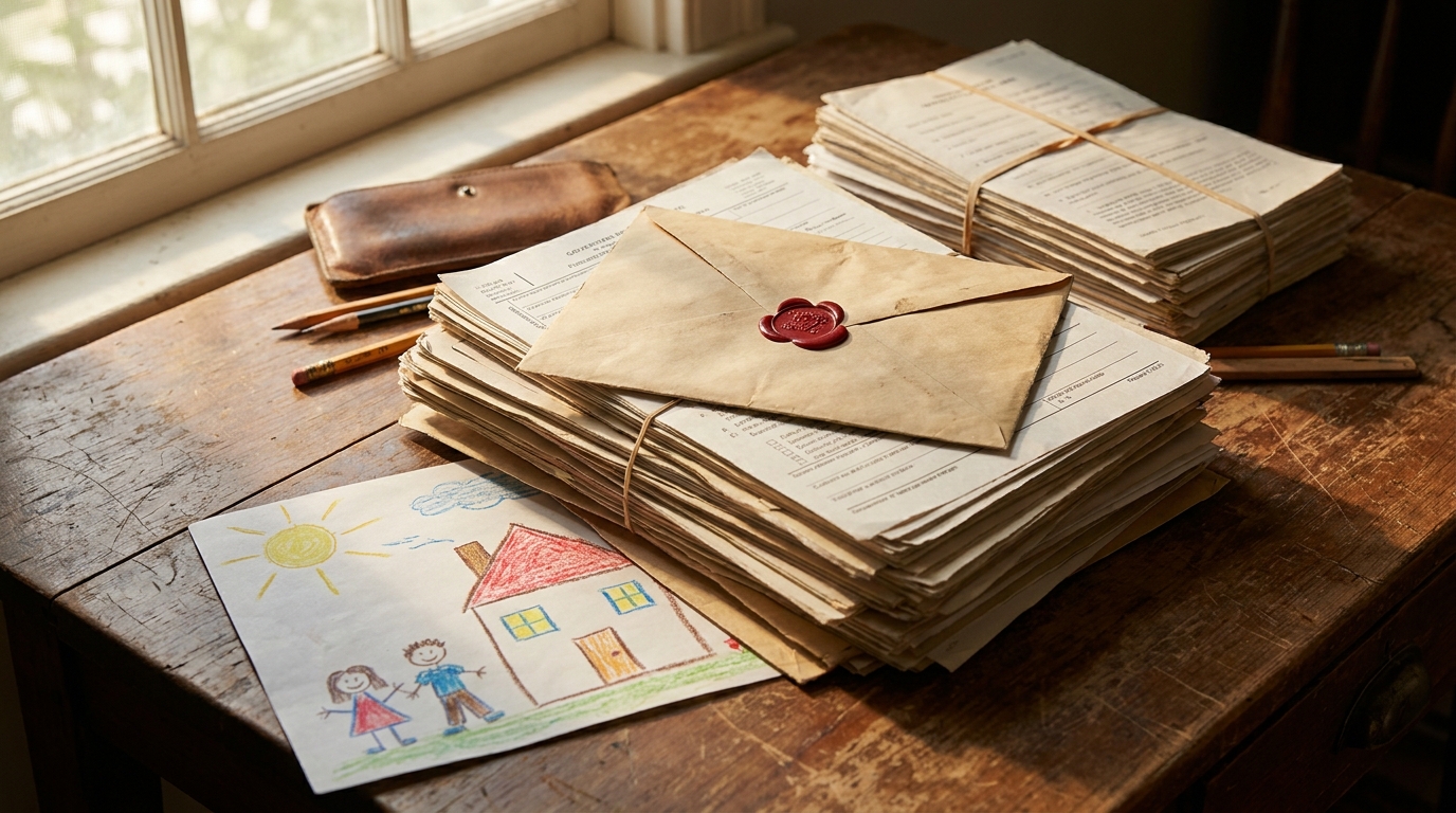 Documents administratifs empilés sur un bureau en bois