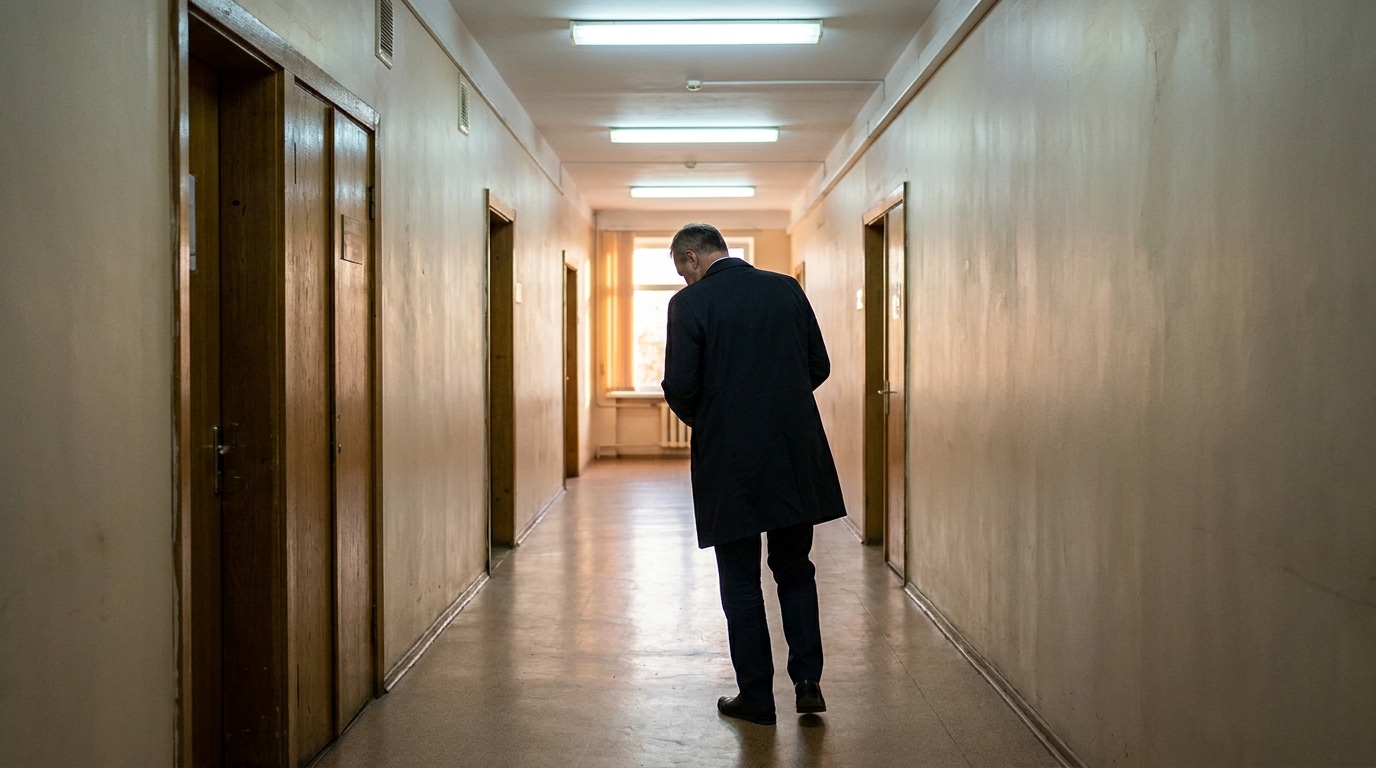 Homme en costume marchant dans un couloir administratif vide