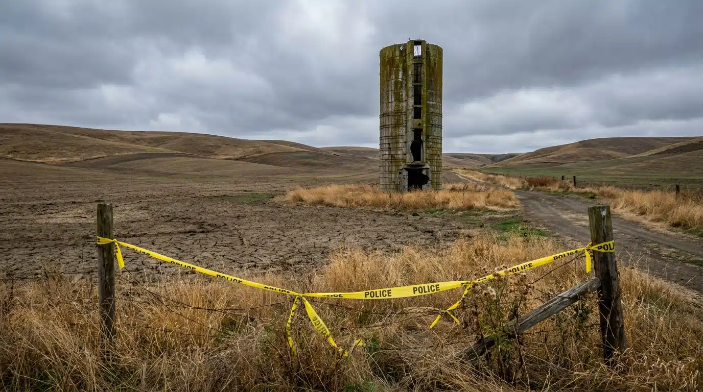 Silo agricole désaffecté entouré de champs dans le Gers