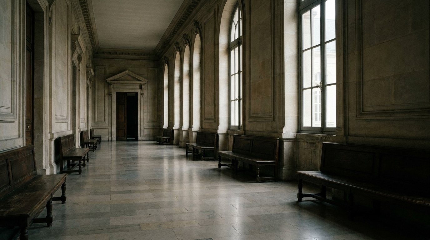 Couloir vide d'un tribunal français avec bancs en bois et hautes fenêtres
