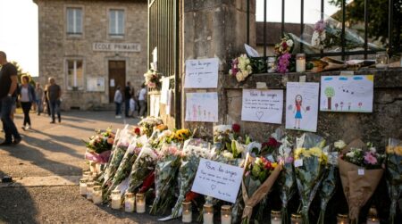 Mémorial floral et bougies devant une école de village