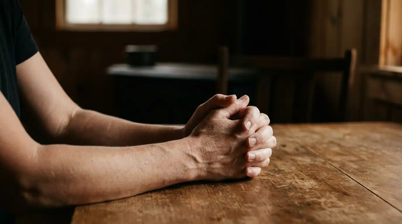 Mains crispées d'une femme posées sur une table en bois