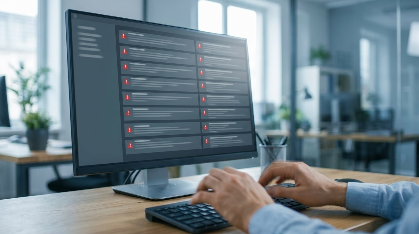 Écran d'ordinateur affichant des alertes numériques urgentes