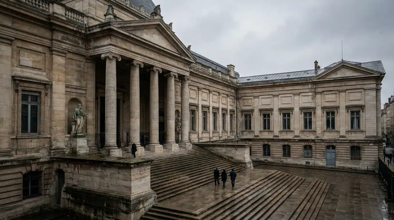 Façade d'un palais de justice français sous ciel couvert