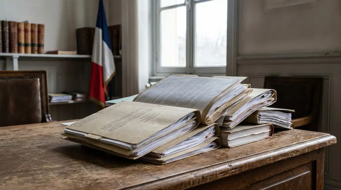 Pile de dossiers judiciaires sur un bureau de tribunal