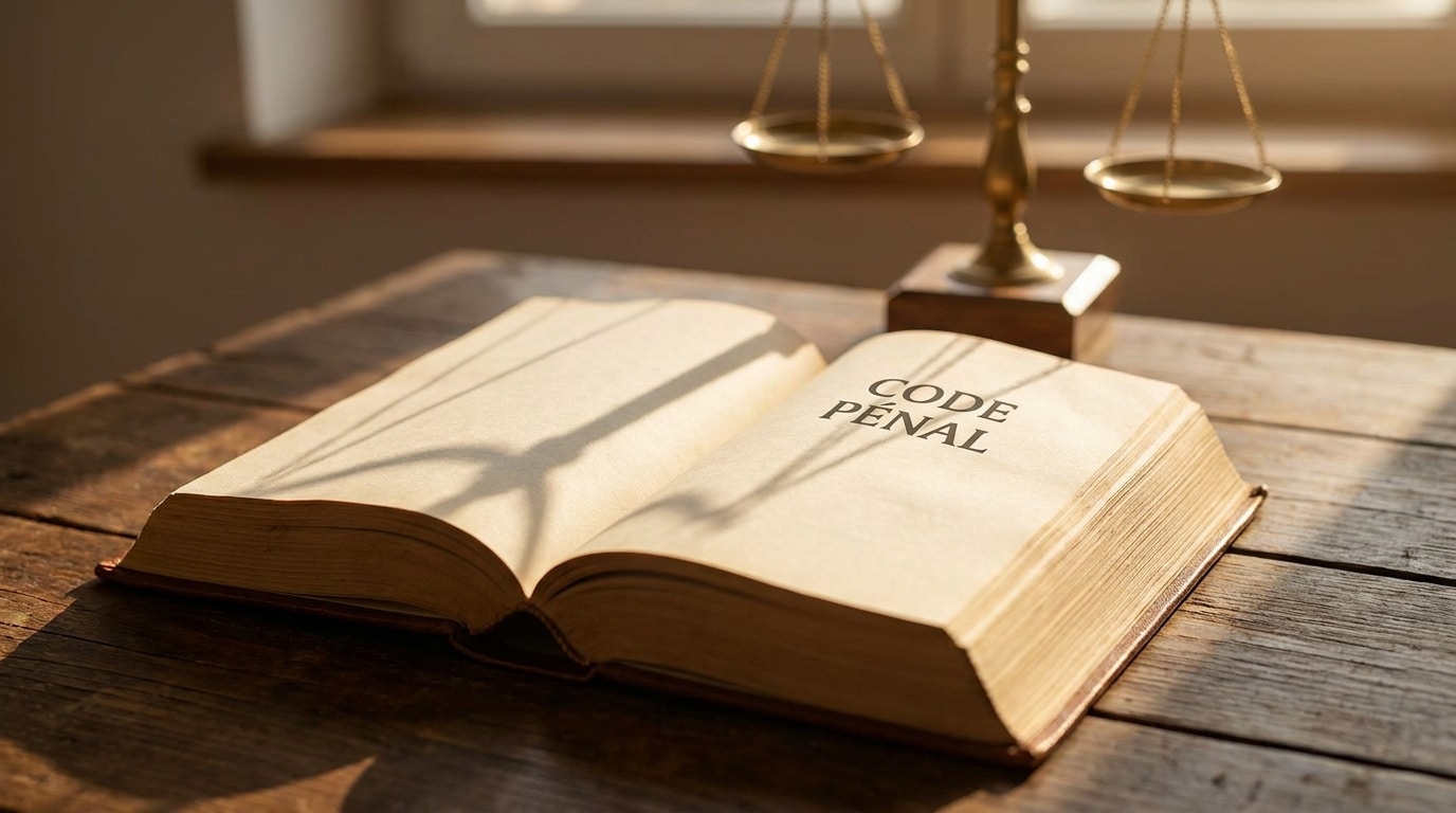 Code pénal ouvert sur un bureau avec balance de justice