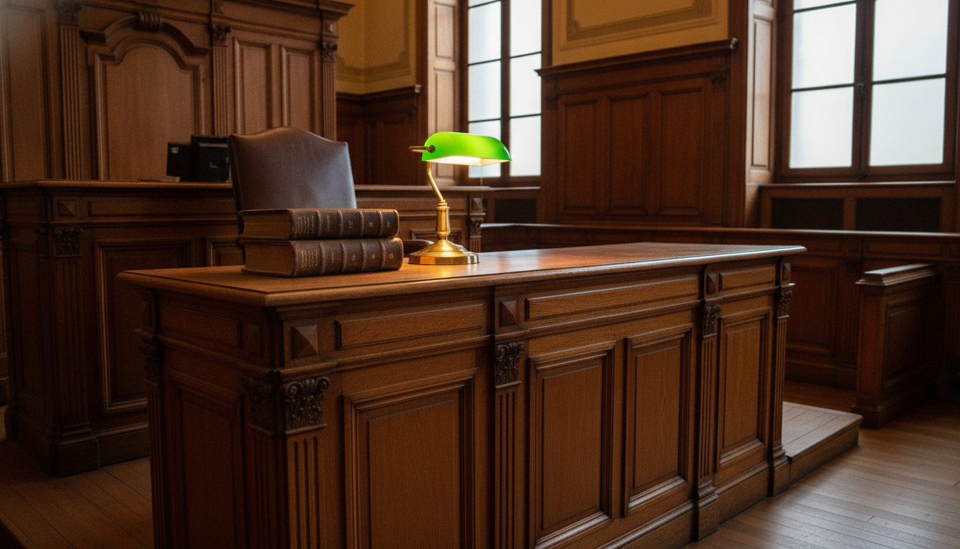 Intérieur d'un tribunal français avec bureau du juge