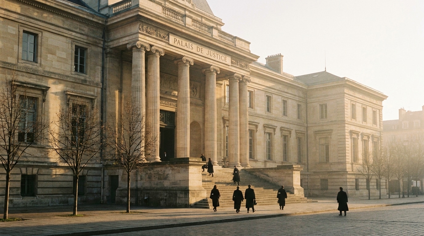 Façade d'un palais de justice français au petit matin