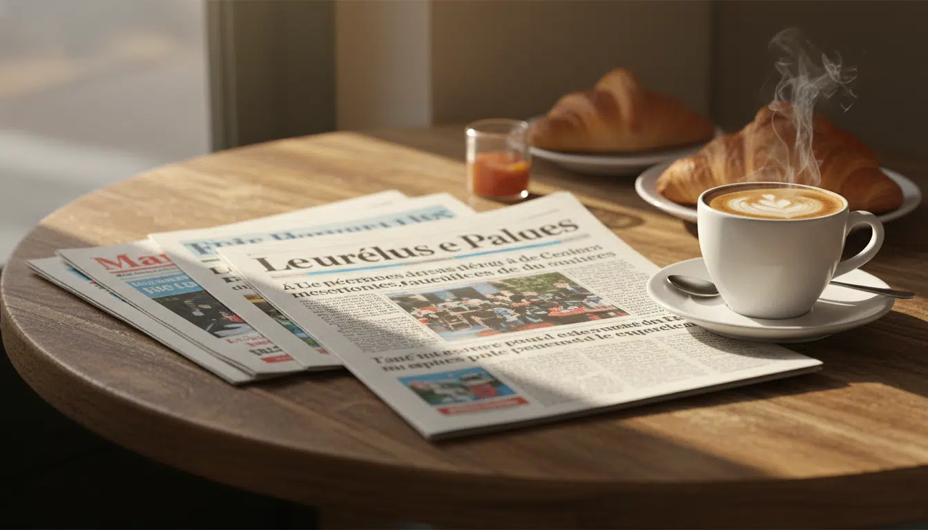 Journaux français étalés sur une table de café en bois, tasse de café à côté, lumière matinale chaleureuse