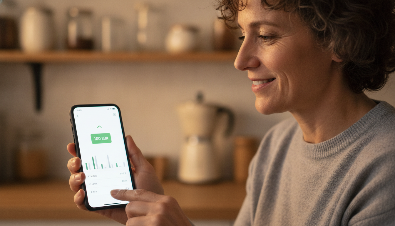 Personne vérifiant le virement de 100 euros sur son téléphone