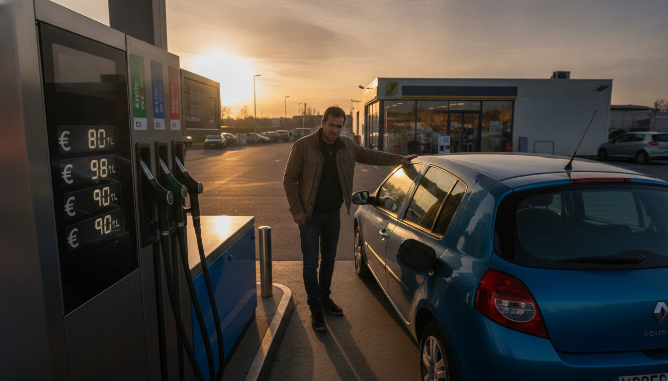 Automobiliste regardant les prix du carburant à la pompe
