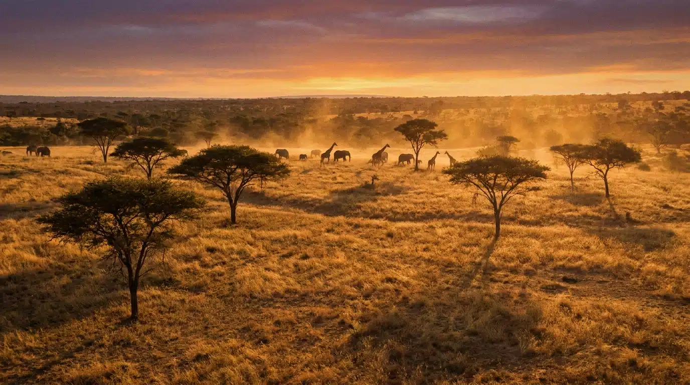 Savane sud-africaine au coucher du soleil dans la réserve du Limpopo