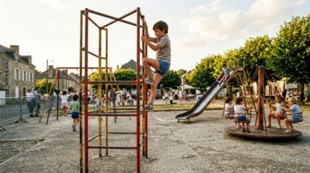 Aire de jeux en métal des années 80 sur sol en béton